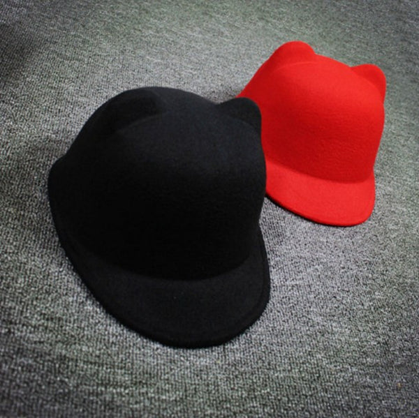 Cat Ears Wool Derby Bowler Cap